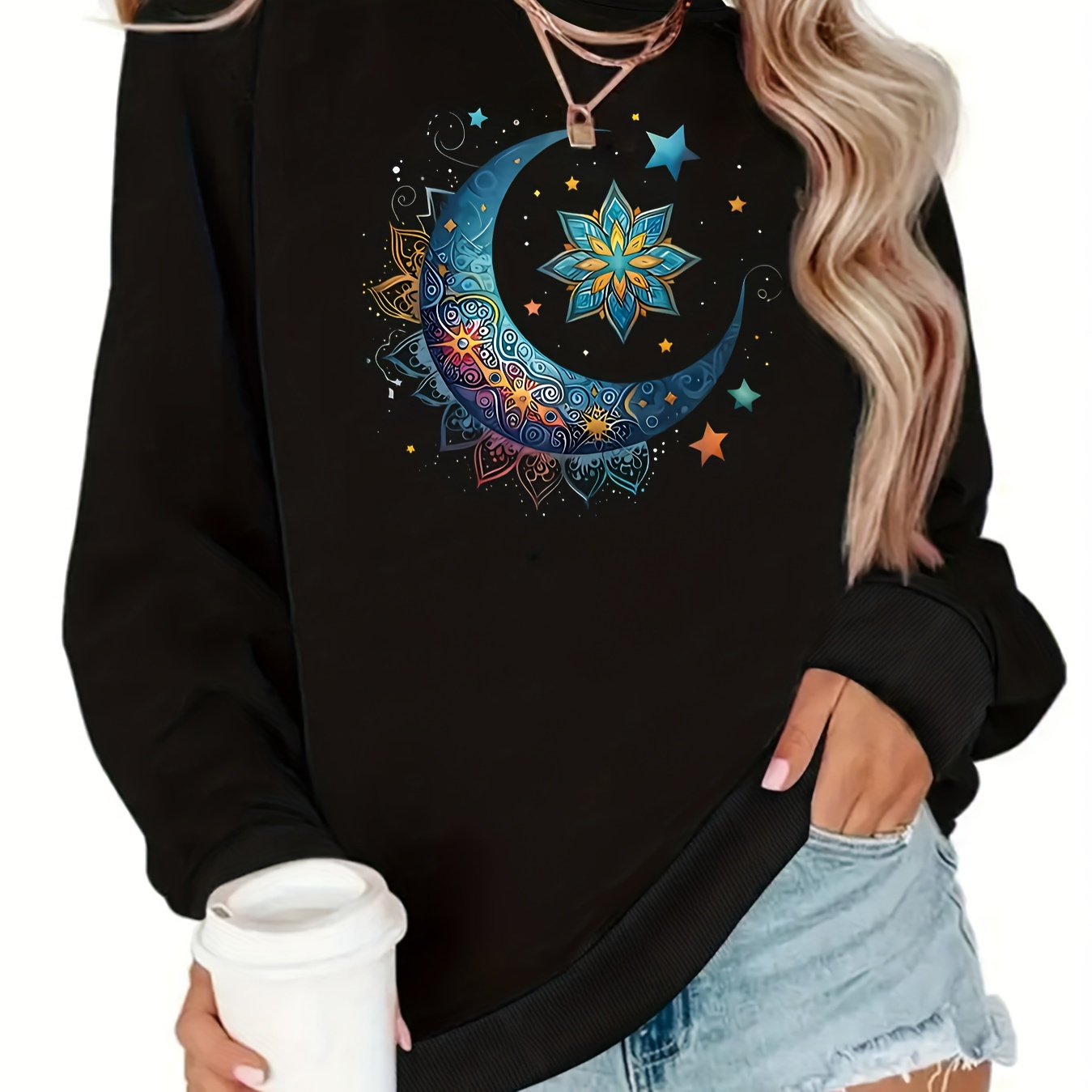 

Moon Print Sweatshirt, Crew Neck Casual Sweatshirt For Winter & Fall, Women's Clothing