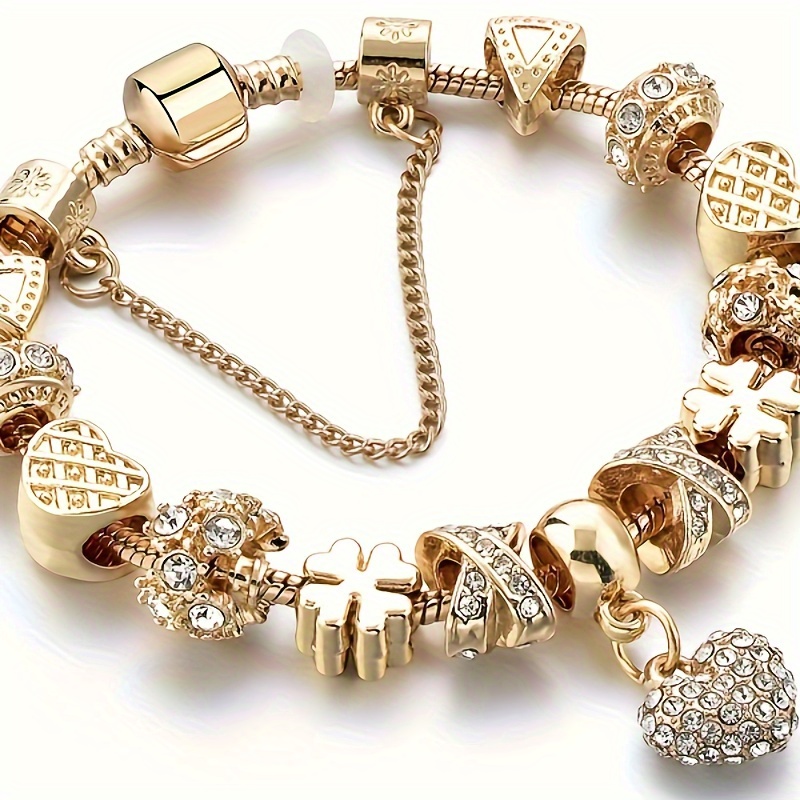 

Alloy Pendant Bracelet, Inlaid With Rhinestone Heart-shaped Pendant, Ethnic Style, Diy Bead Chain, With Large Hole Beads