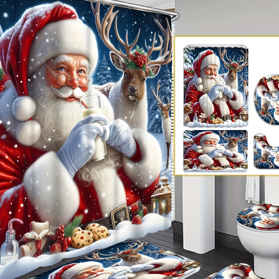 

1pc/4pcs & Christmas Shower Curtain Set, - Pattern Shower Curtain, Decoration, Shower Curtain Set 12 , Bathroom Rug, U-shaped Mat, , Bathroom Decoration, For Christmas