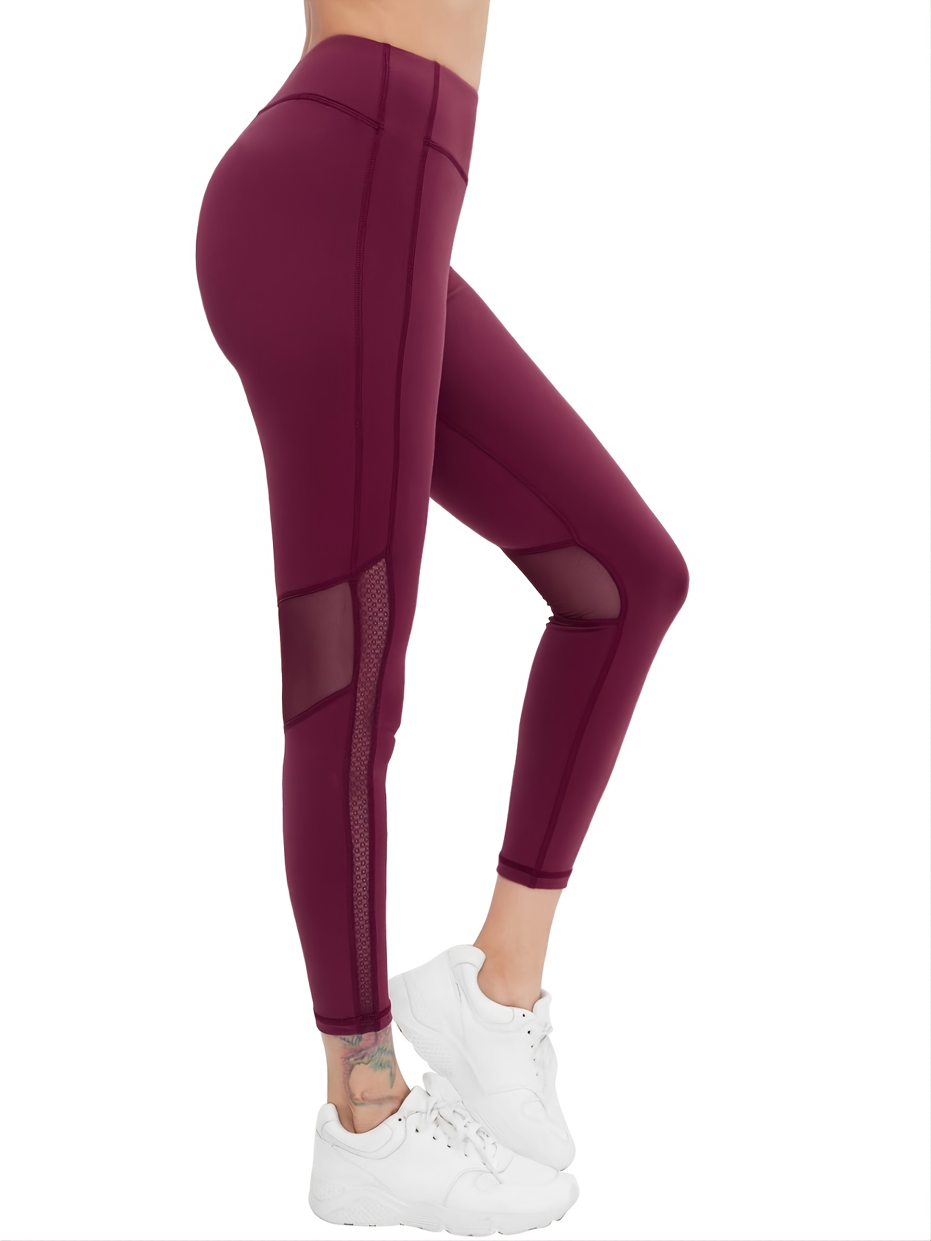 Workout Yoga Mesh Cut Leggings Solid Color High Waisted - Temu