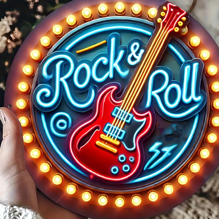 

Rock & Roll Neon Sign Wall Art, 8x8 Inch Round Metal Decorative Sign With Light, & Cafe Wall Decor, Music Theme Flat Print Metal Sign For Bar, Club, Coffee Shop - Single Piece