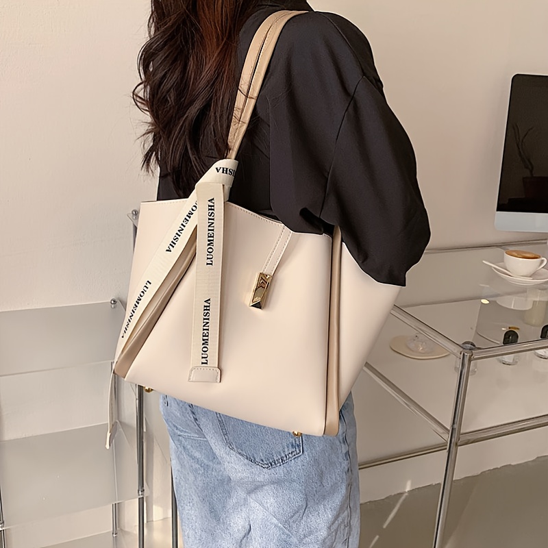 Simple Solid Color Large-capacity Tote Bag, Faux Leather Shoulder Bag For  Work With Ribbon Decor - Temu