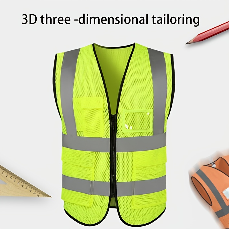 1pc High Visibility Safety Vest Mesh Reflective Work Vests For Men Women  With Pockets And Zipper