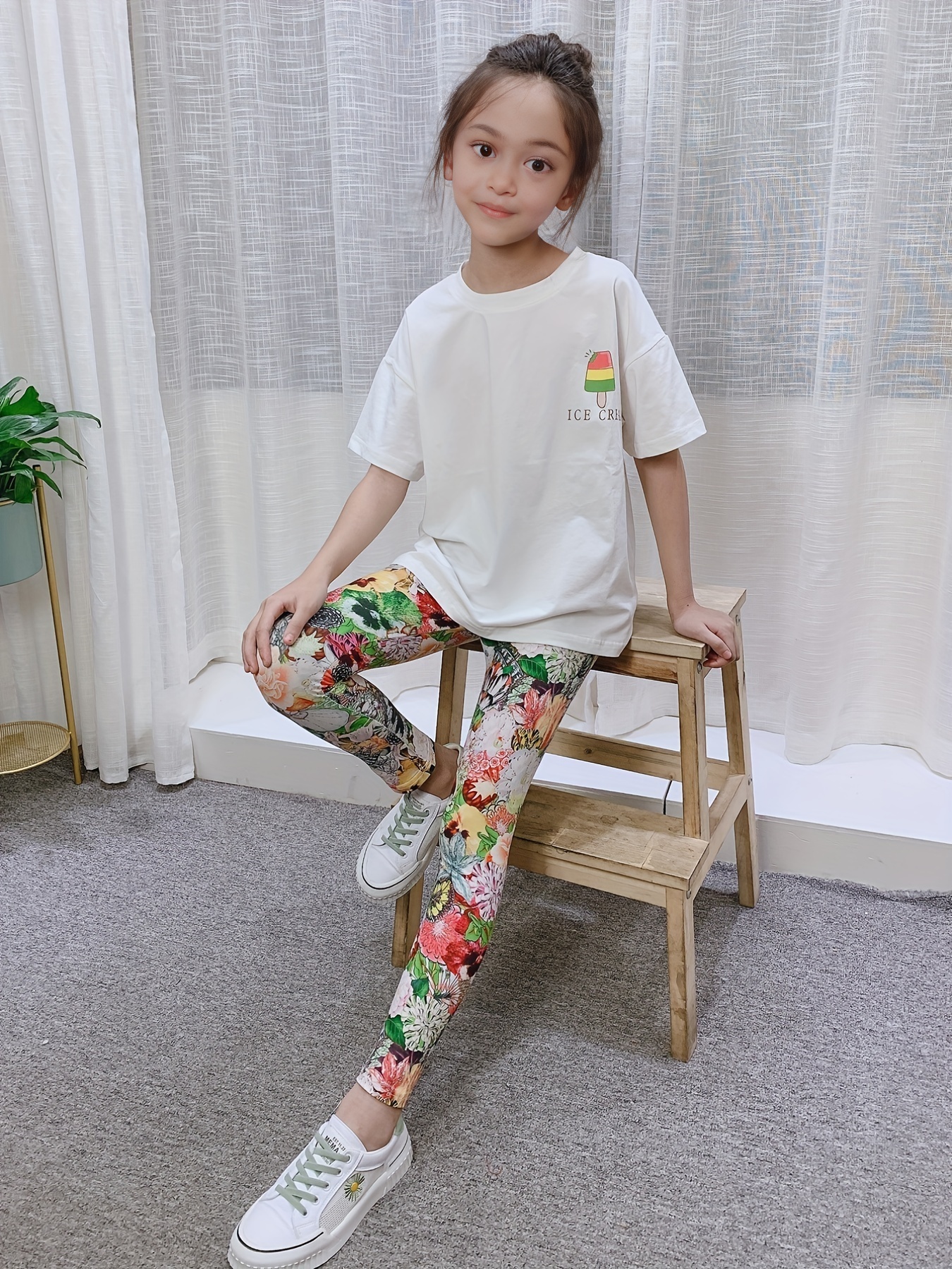 Girls' Floral Print Leggings Pants - Thin & Breathable for Summer