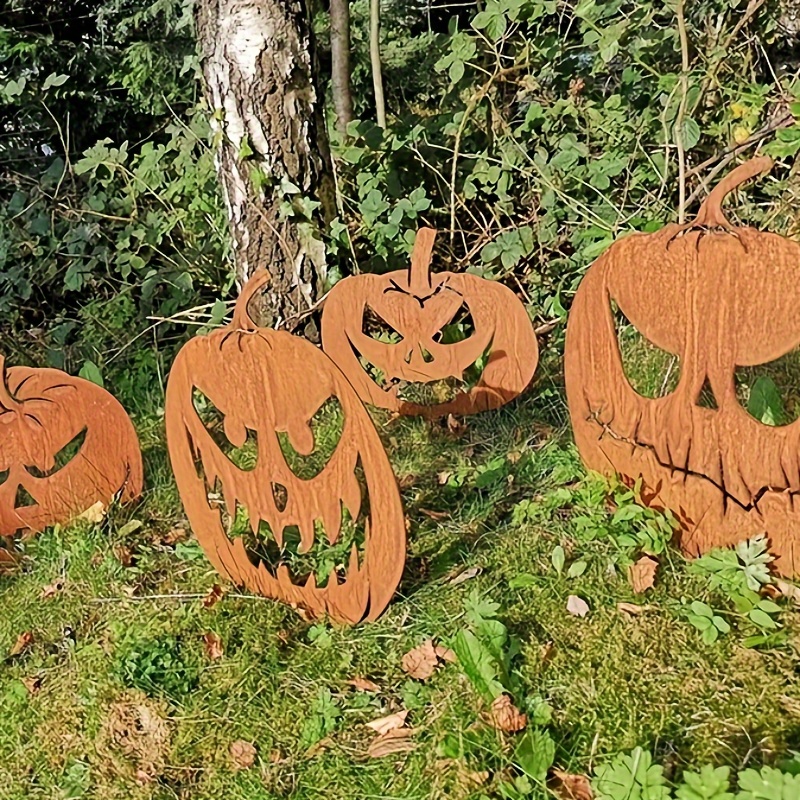 

4pcs Rustic Metal Pumpkin Stakes - Evil Jack-o-lantern Garden Signs For Outdoor , No Power Needed, Ideal Housewarming Gift For , Lawn & Patio Decor