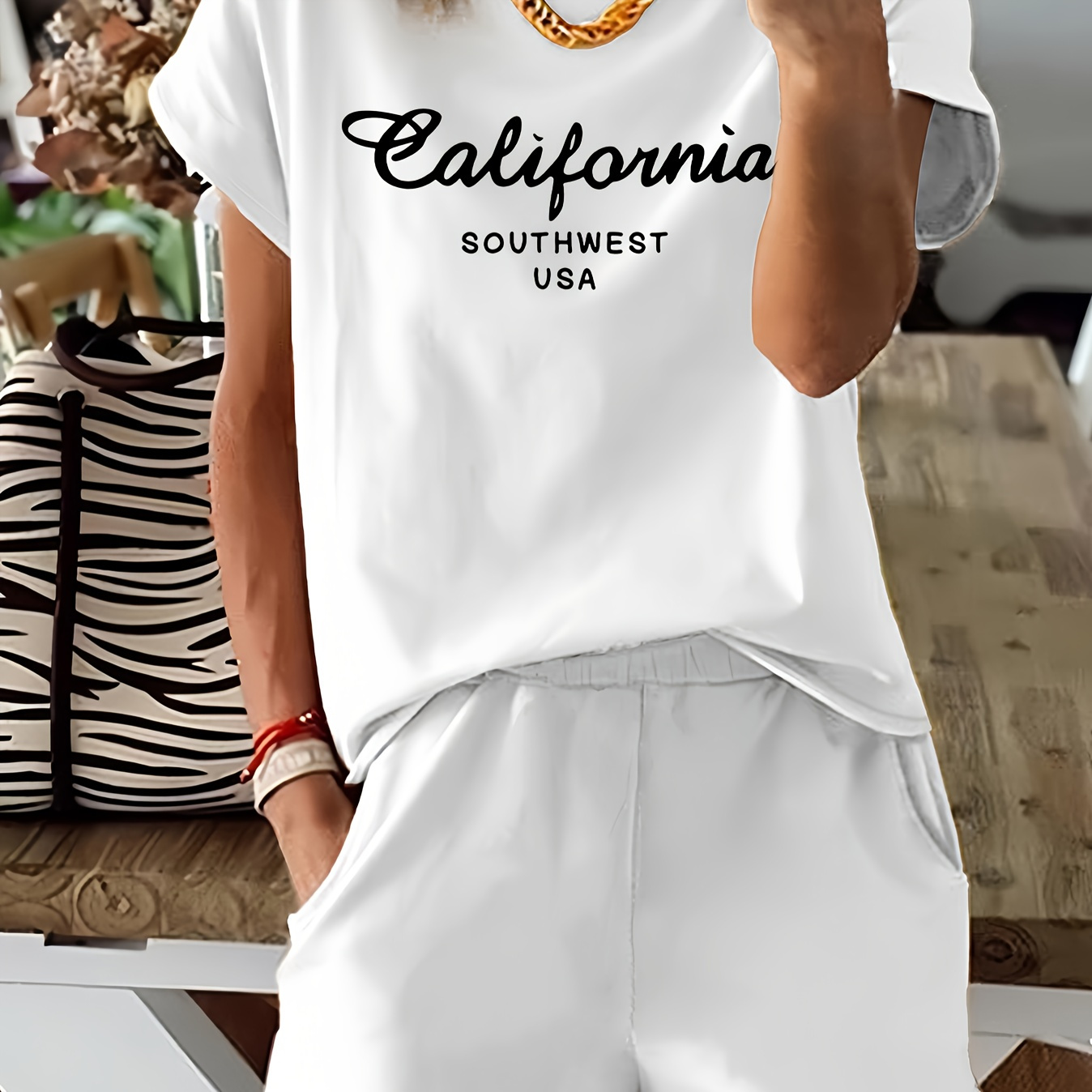 

California Letter T-shirt & Shorts Set For Women - Stretchy Polyester , Machine Washable