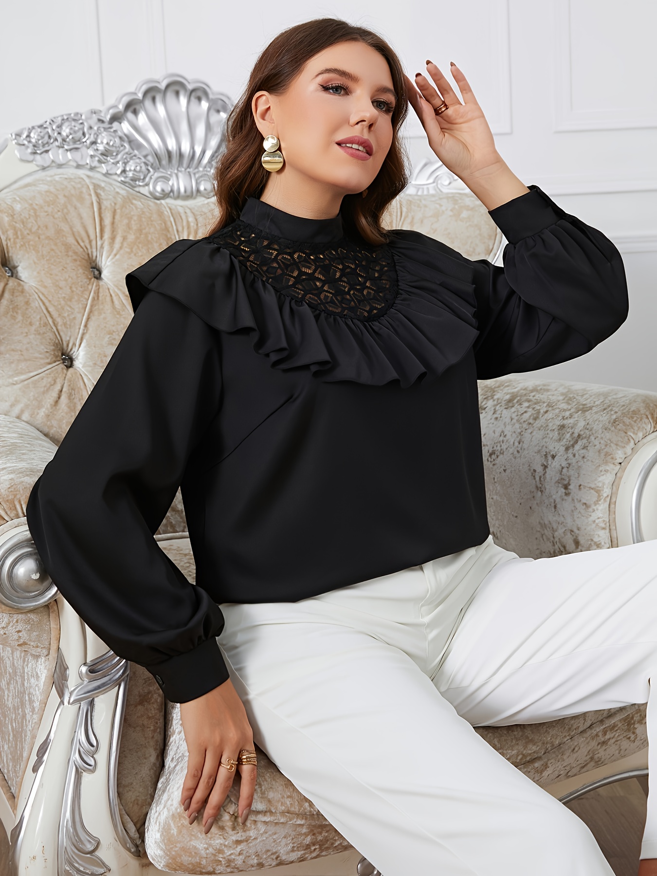 plus size high neck ruffle blouse