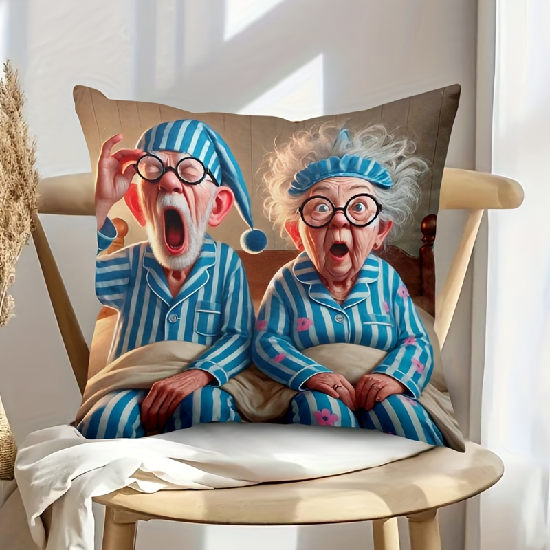 

Elderly Couple In Pajamas Decorative Throw Pillow Cover, Soft Polyester, Zippered, Machine Washable, Double-sided Print, Ideal For Bed, Sofa, And Chair, Home Decor -