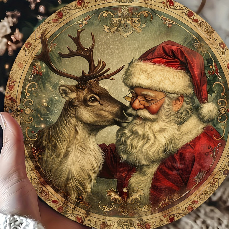 

1pc, Rustic Santa & Reindeer Aluminum Tin Sign, 8x8 Inches, Vintage Christmas Wall Art, Indoor & Outdoor Metal Decor, Festive Home, Restaurant, Cafe, Garage Wall Decor, Aluminum Craft Tool