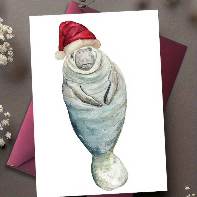 

1pc, Christmas Card, A Manatee Wearing A Santa Claus Hat, The Differences And Of ' Understanding Of Festivals. Suitable For Gifting To