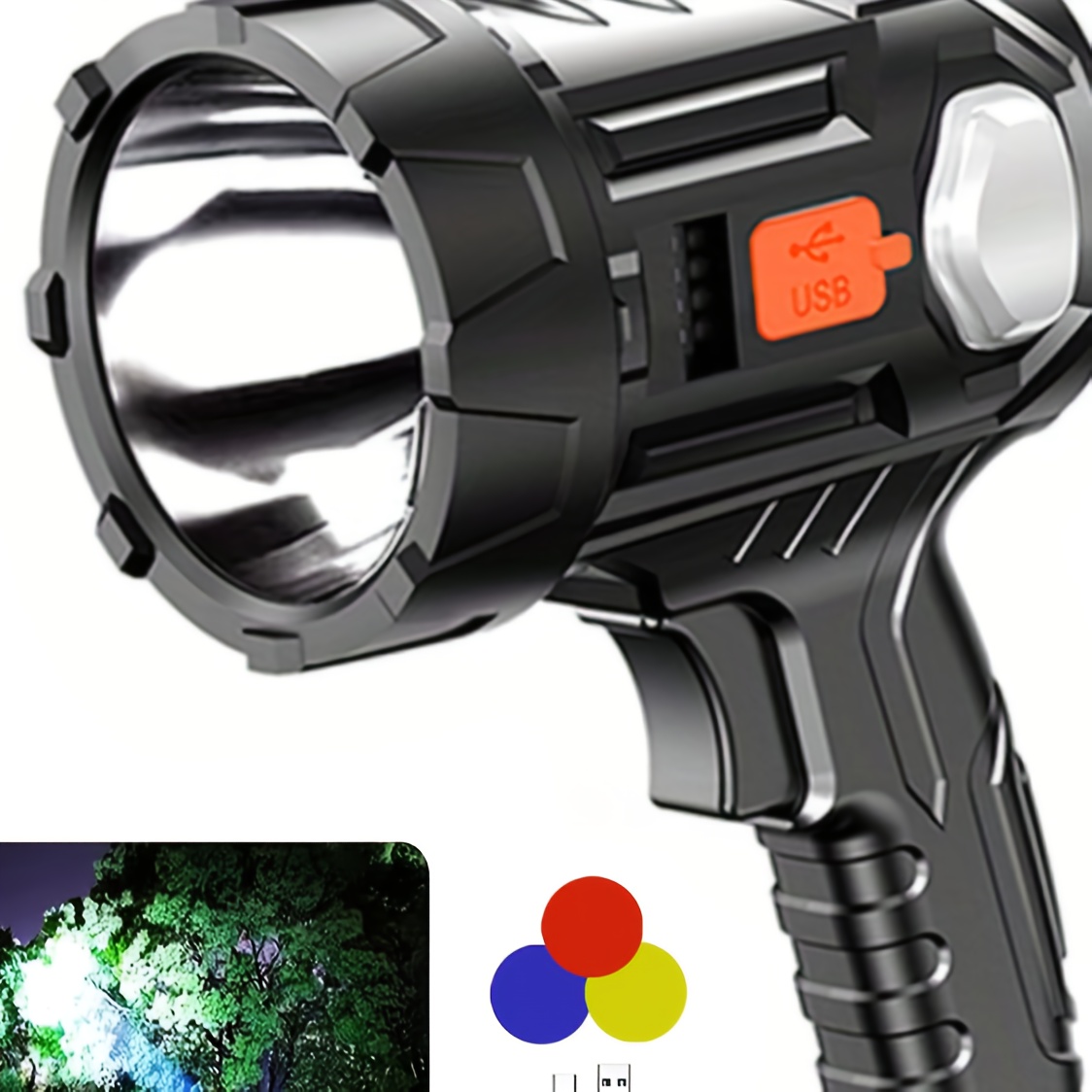 

1pc Rechargeable Spotlight Flashlight, Bright Searchlight With 6 Modes And 3 Colors Filter, Led Spot Lights Outdoor Handheld Torch Included Usb Cable, For Boating Hunting Camping, Home Lighting