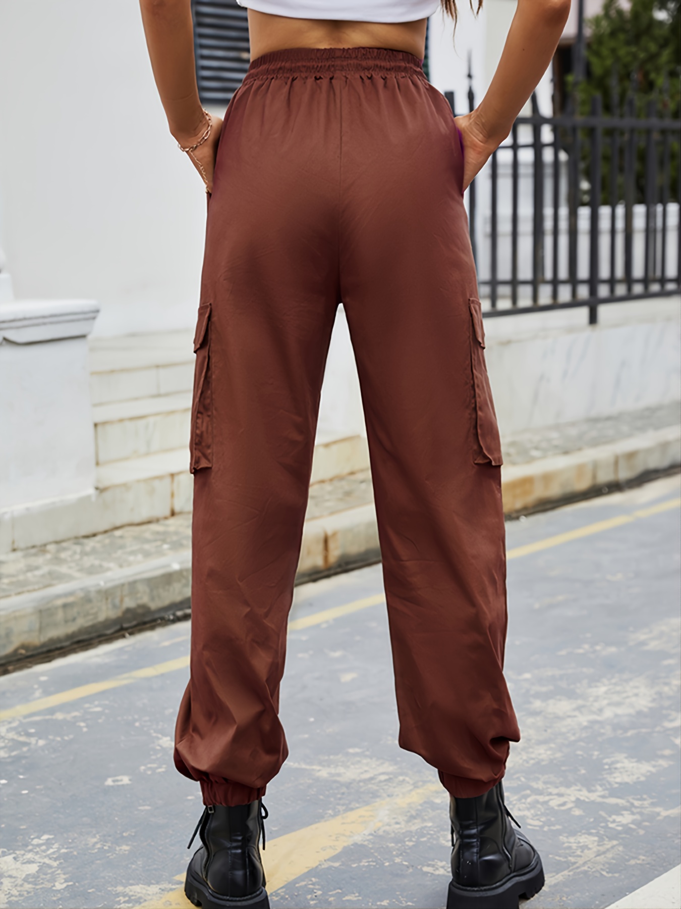 Women's Cargo Pants Casual Outdoor Solid Color Elastic High Waisted Baggy  Jogger Workout Pants with Pockets