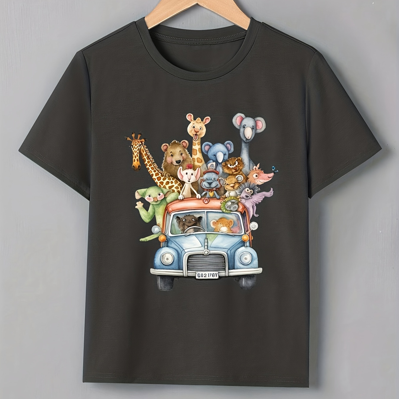 

Cartoon Animals And Car Graphic Short Sleeve Crew Neck T-shirt, Casual Versatile Tee Tops Summer Gift, Boys' Clothing