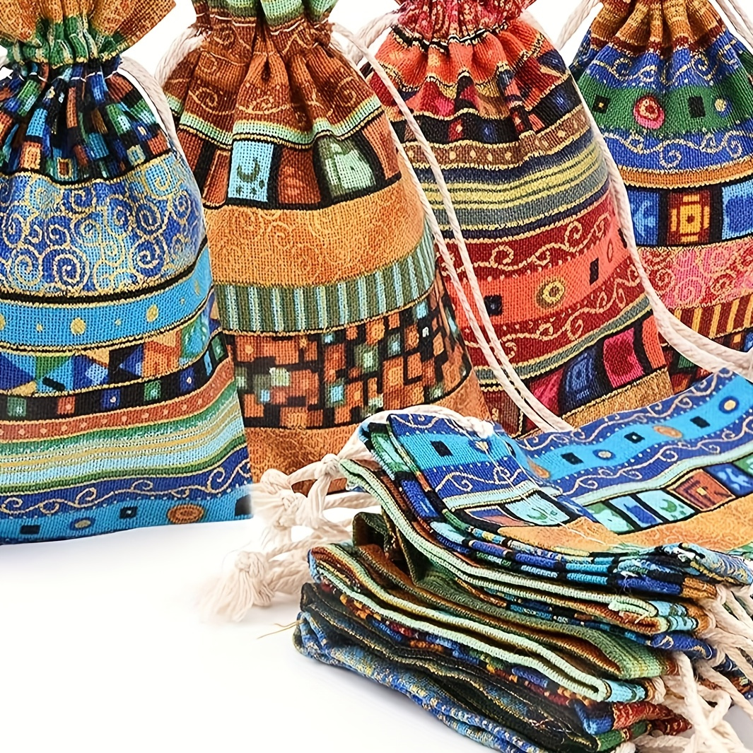 

10pcs Polyester Drawstring Gift Bags, Colorful Ethnic Woven Jewelry Pouches For Wedding, Party Favors, Birthday Celebrations, Jewelry Packaging And Decor