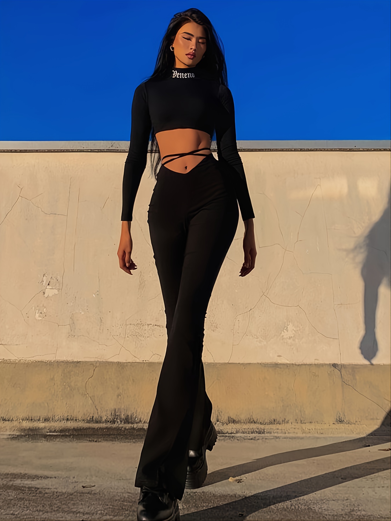 Solid Criss Cross Flare Leggings, High Waist Fitted Open Navel Criss Cross  Strap Black Flare Pants, Women's Clothing
