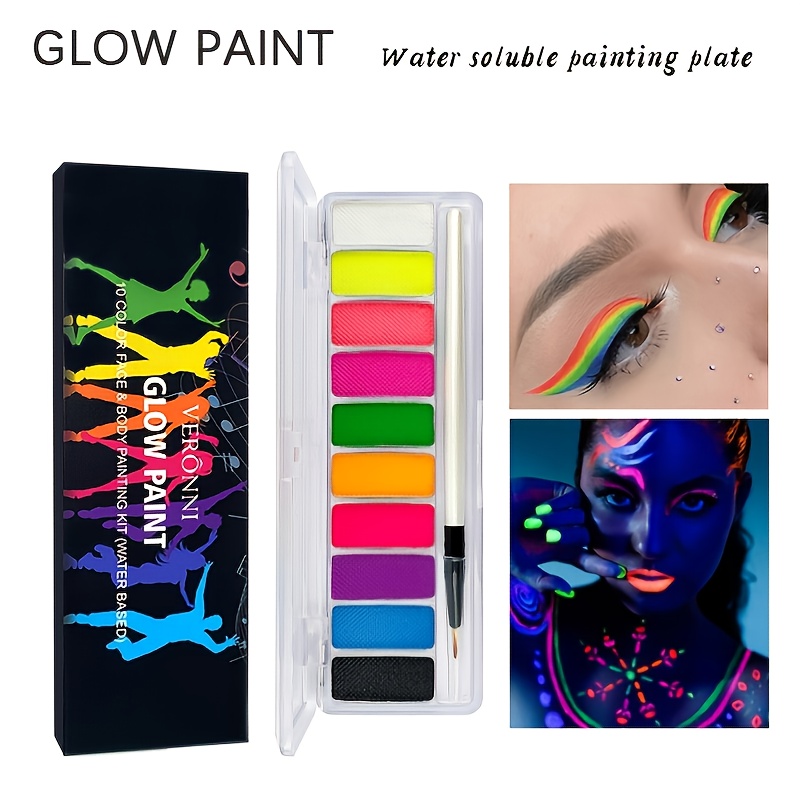 12 Colors UV Glow Neon Face Body Painting Palette With 10 Brushes And  Stickers, Water Activated Eyeliner Palette Glow In The Dark Halloween  Makeup For