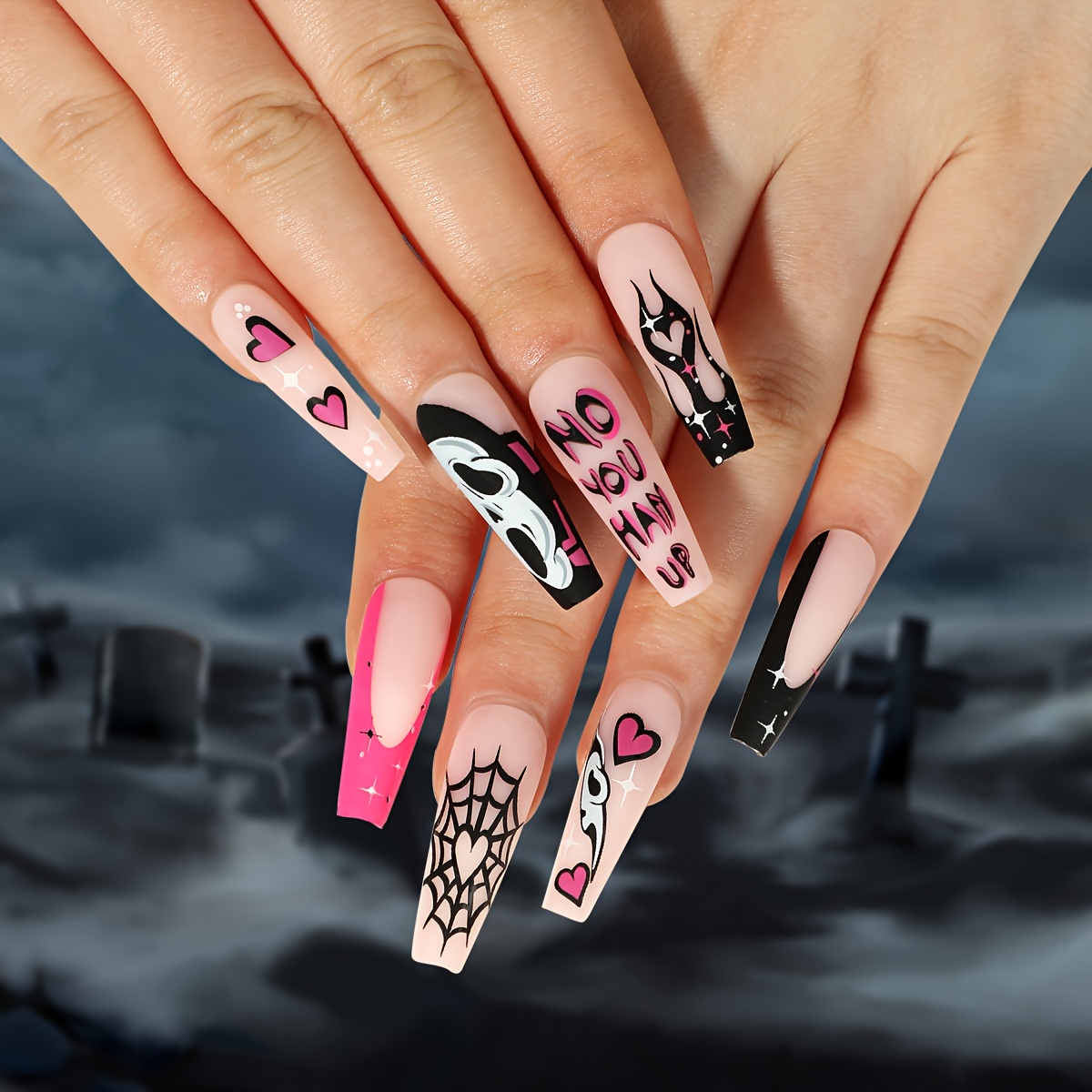 White French Tip Fake Nails, Halloween Glitter Press On Nails With Cute  Heart Spider Web Design, Glossy Glue On Nails Full Cover Long Coffin False Nails  For Women Girls - Temu