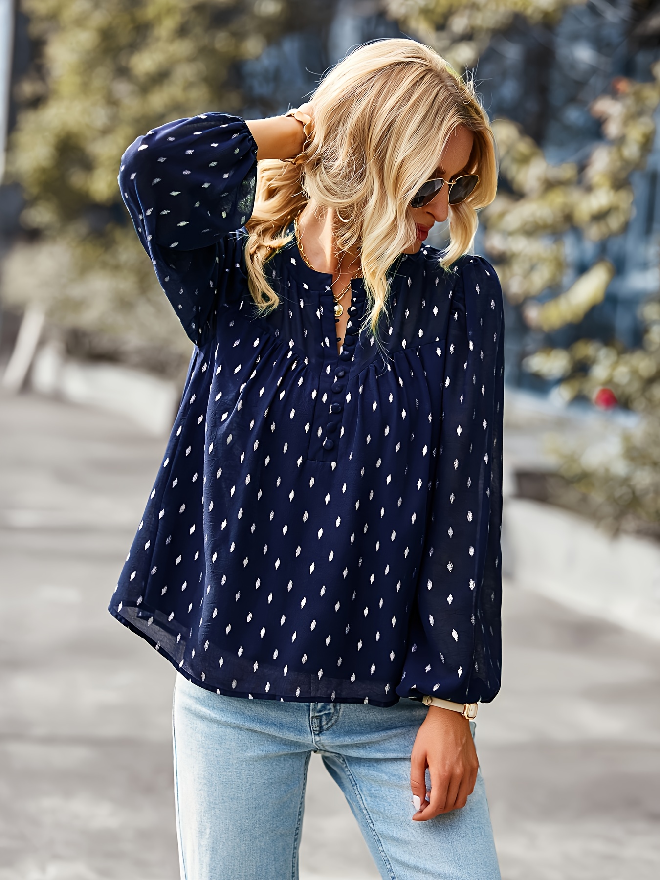 Casual V-neck Print Loose Shirts, Lantern Long Sleeve Fashion Single  Breasted Spring & Summer Blouses Tops, Women's Clothing
