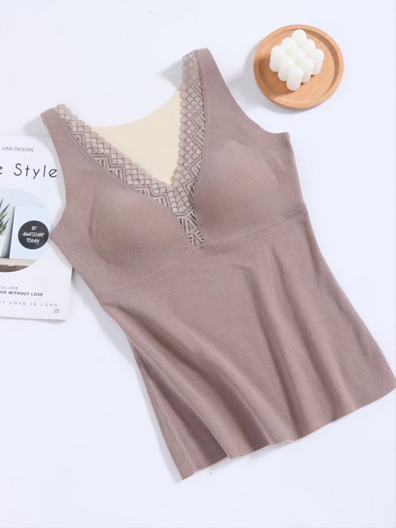 Womens Thermal Underwear Vest Warm Sleeveless Camisole Lace vest fitted  with bra for Women - Coffee 
