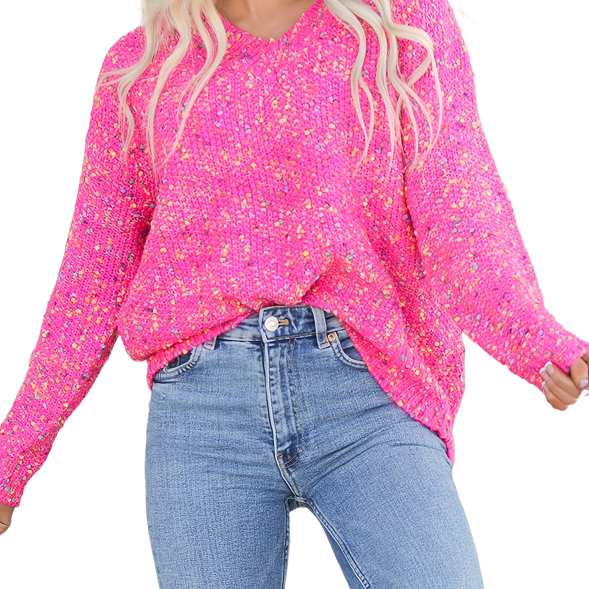 

Colorful Dot V Neck Pullover Sweater, Casual Long Sleeve Loose Sweater, Women's Clothing