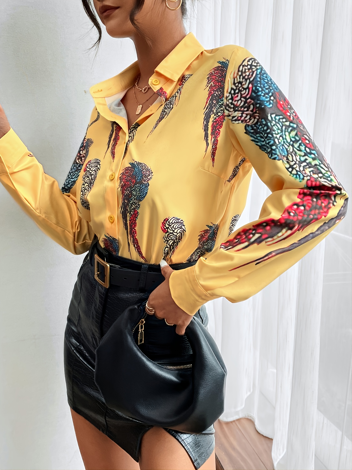 Geo Print V neck Loose Lapel Blouses Casual Button Long - Temu