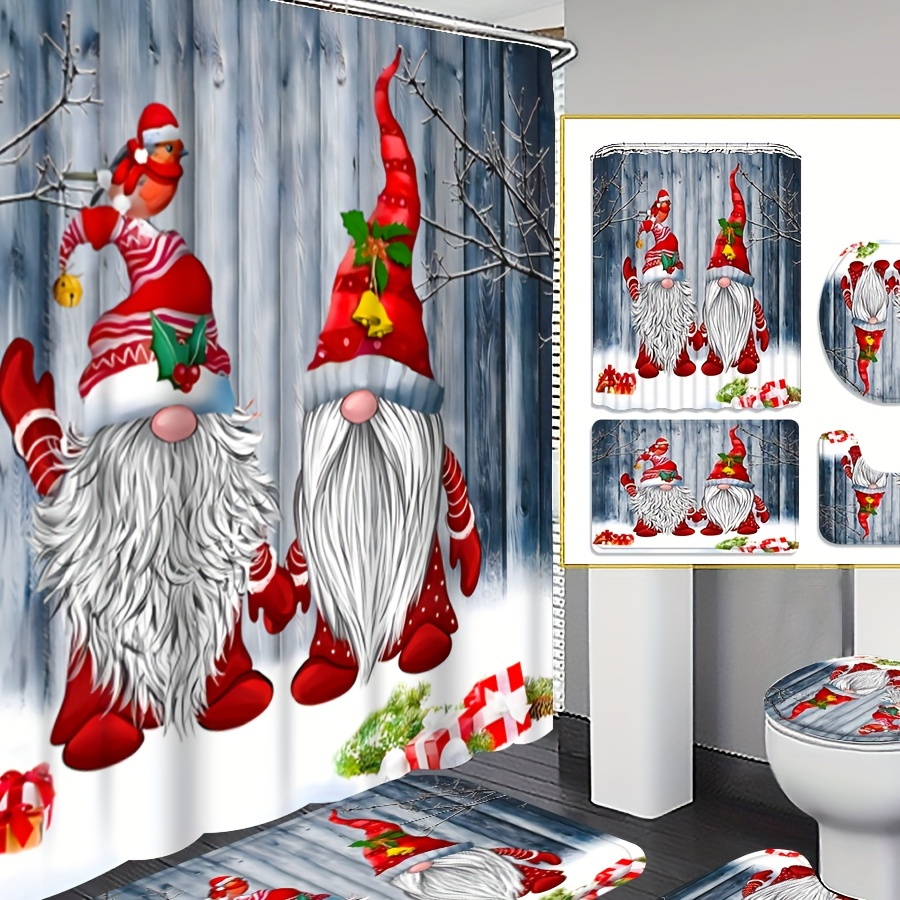 

4pcs Christmas Dwarf Curtain Shower Curtain Decoration, Beautiful Housewarming Gift Decoration, Waterproof Shower Curtain And Toilet Floor Mat Three-piece Set Comes With 12 Shower Curtain Hooks