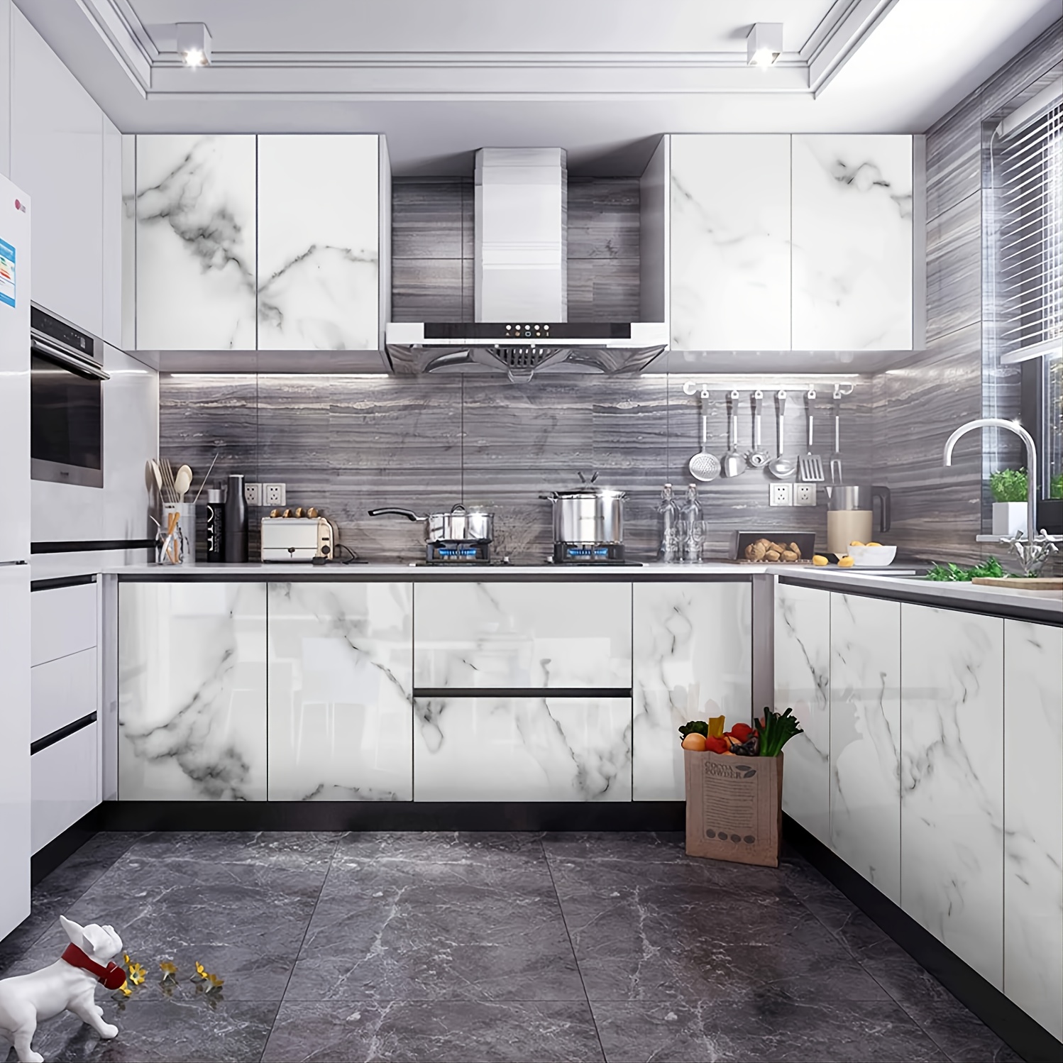 practicalWs Glossy Marble Wall Paper Granite White/Grey Kitchen Countertop  Cabinet Furniture Refurbishment Thick Removable Wallpaper Peel and Stick