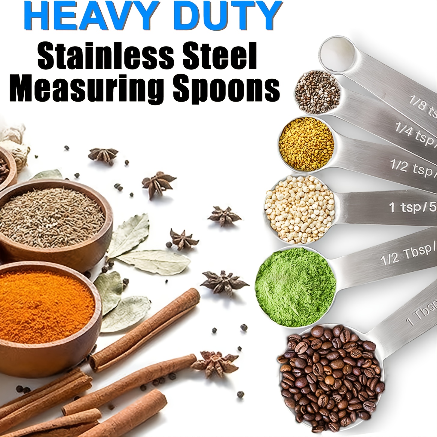 Heavy Duty 18/8 Stainless Steel Metal Measuring Spoons Set for Dry or Liquid, Tablespoon Measure Spoon for Baking, Fits in Spice Jar, Set of 7
