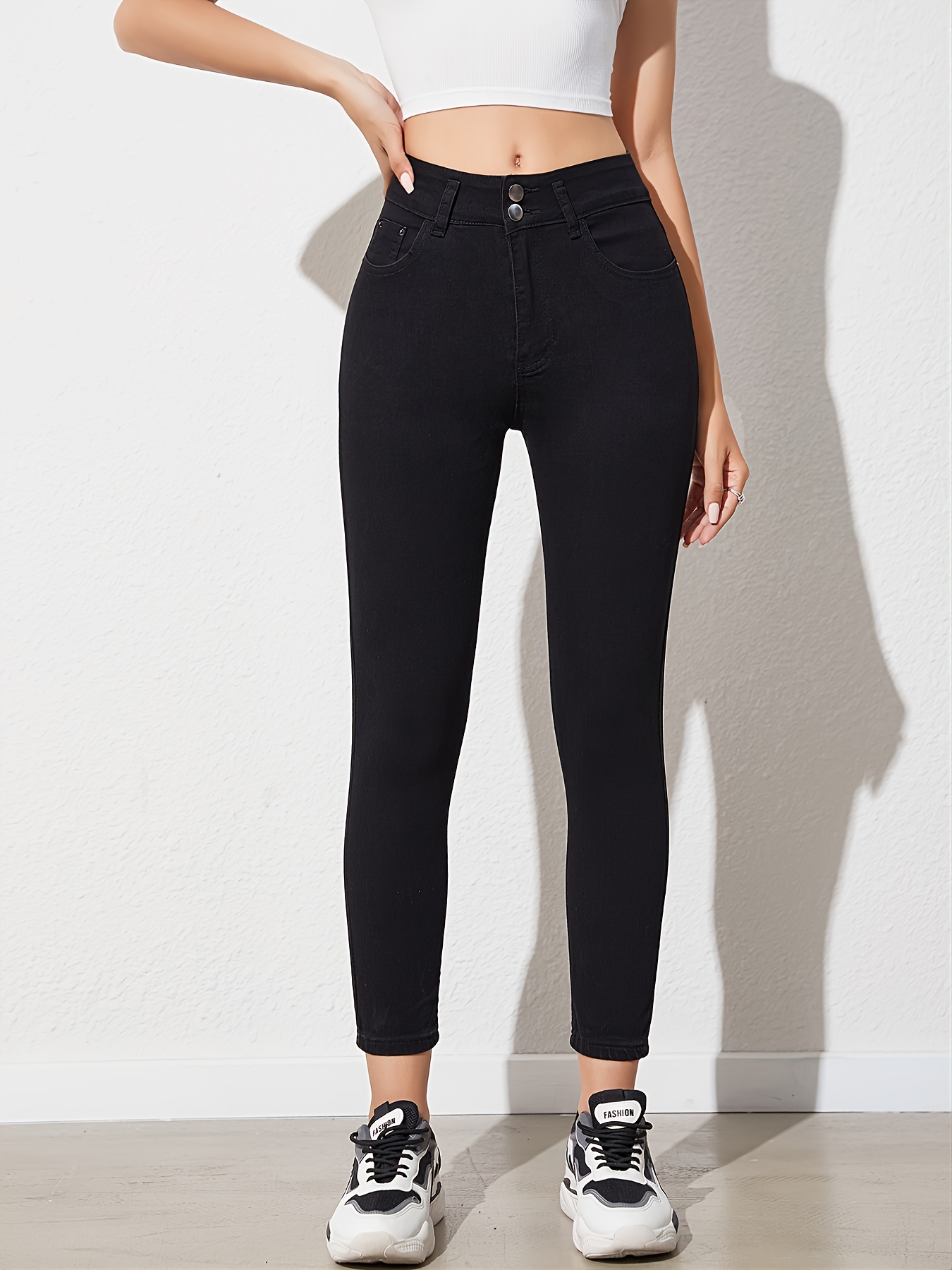 High Waist Stretchy Skinny Jeans Double Button Tight Fit - Temu Canada
