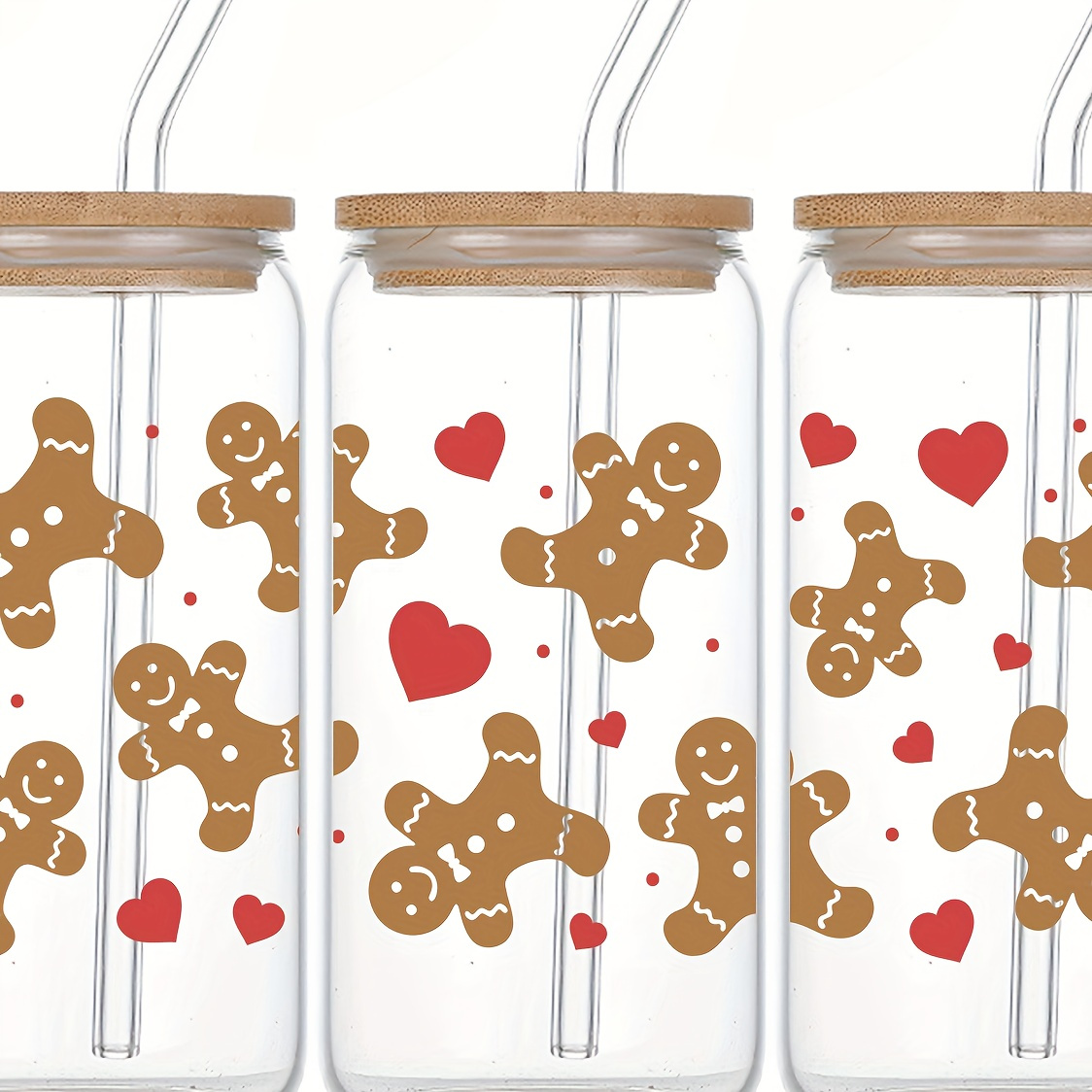 

16oz Christmas Gingerbread Man And Heart Pattern Glass With Lid And Straw, Uv Printed Cute Holiday Drinkware, Ideal Gift For - Pack Of 1