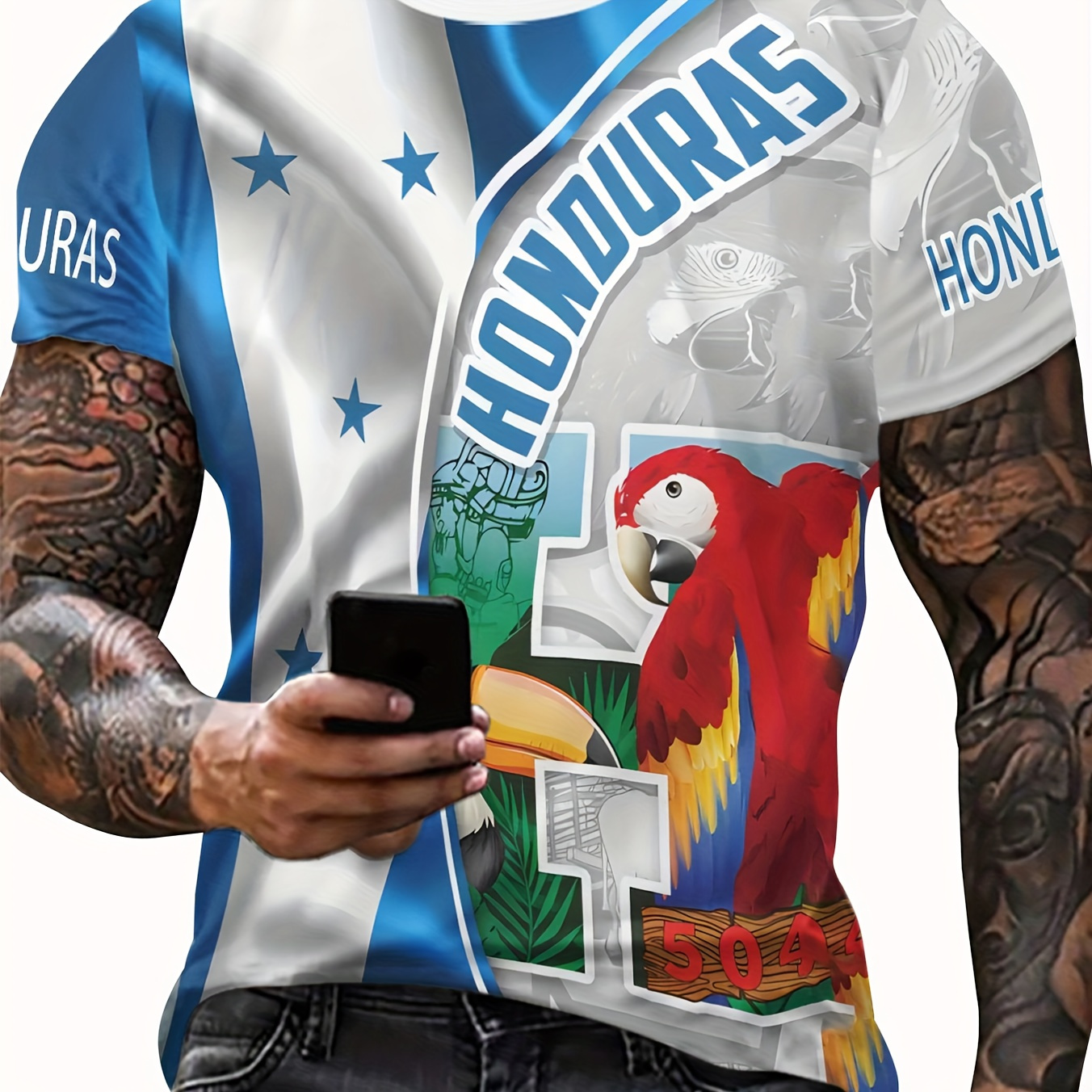 

Men's Honduras Theme Bird And Flag Pattern T-shirt, Crew Neck And Short Sleeve Tee, Stylish And Trendy Tops For Summer Daily And Holiday Wear