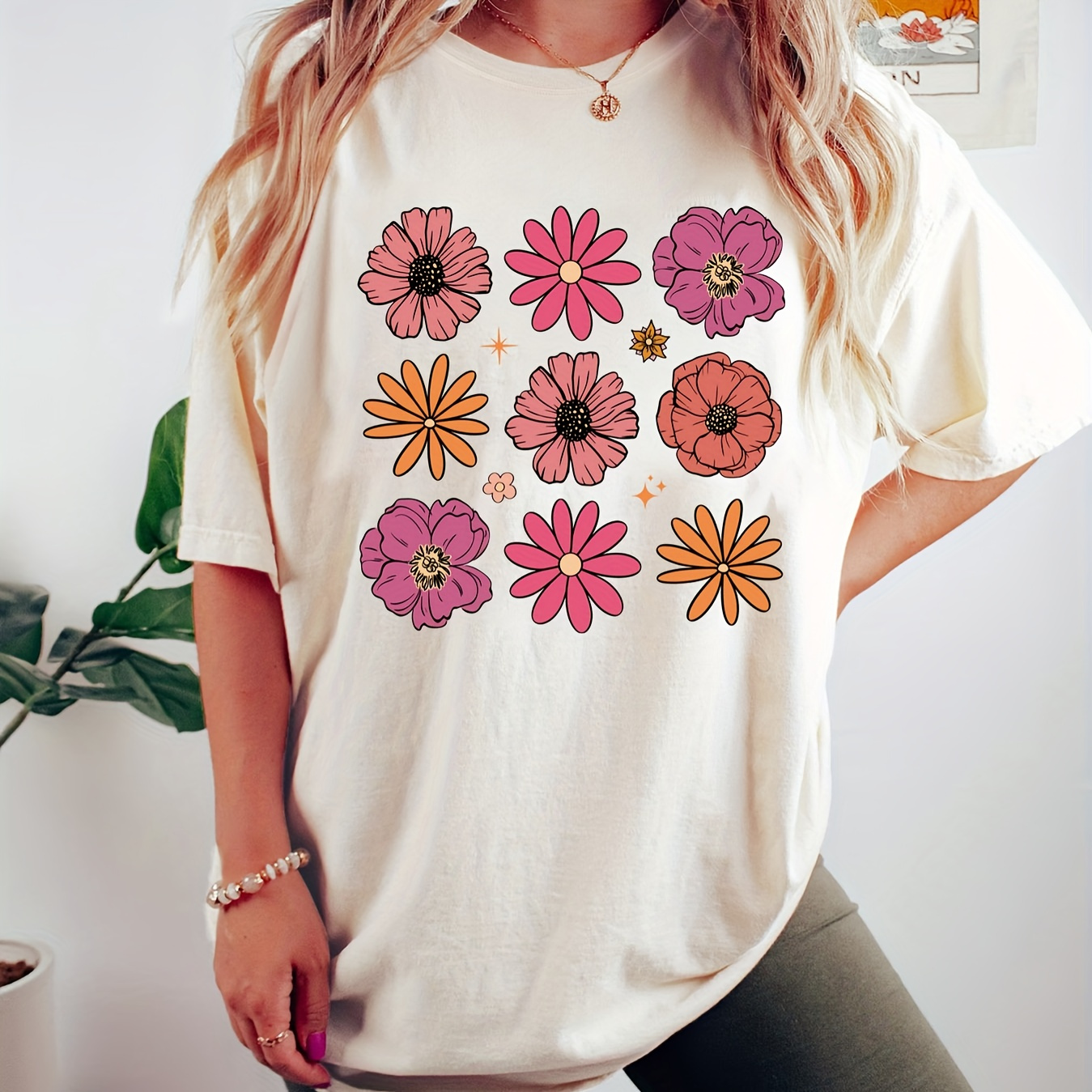 

Floral Print T-shirt, Short Sleeve Crew Neck Casual Top For Summer & Spring, Women's Clothing