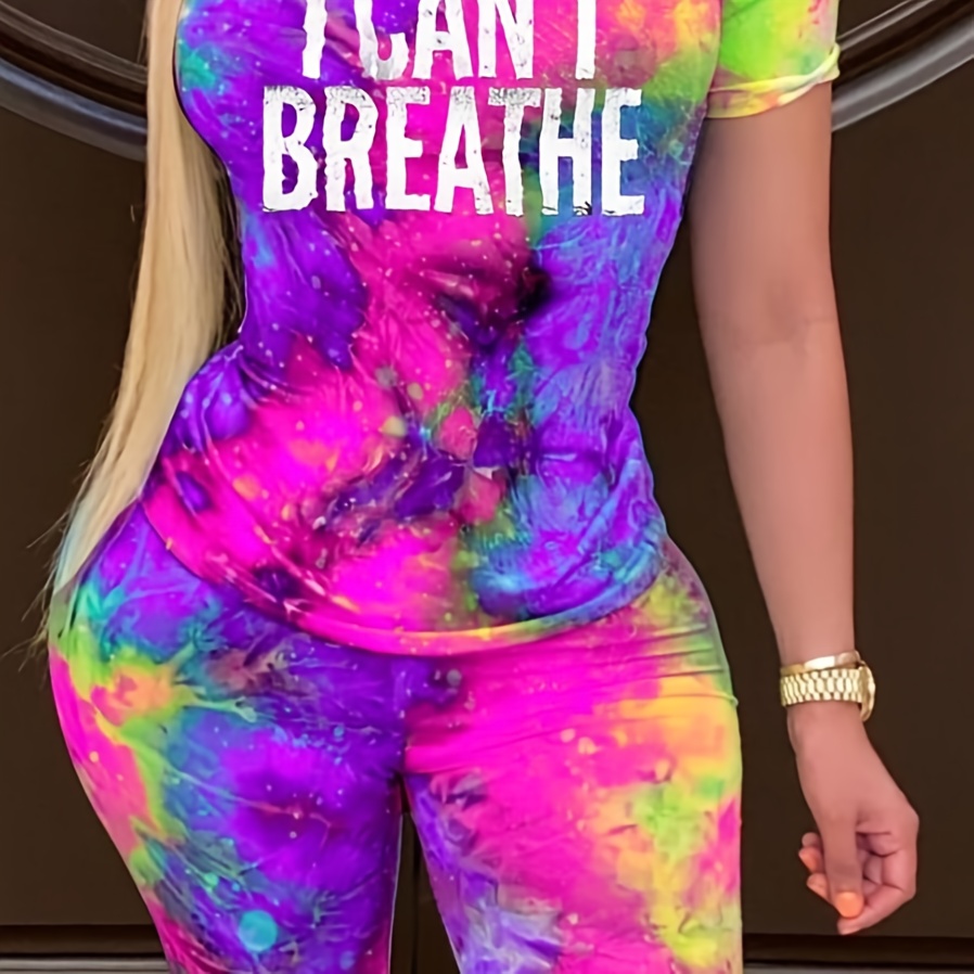 

Casual Tie Dye Two-piece Set, Letter Print Short Sleeve T-shirt & High Waist Shorts Outfits, Women's Clothing