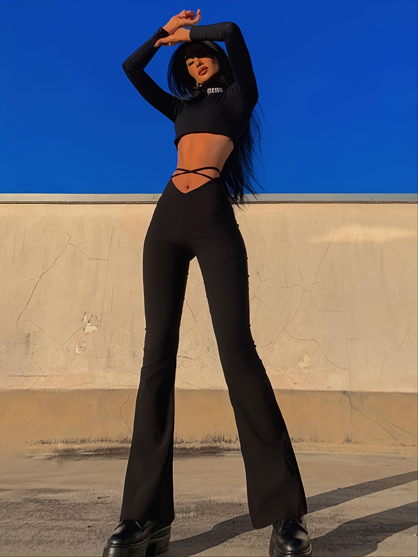 Black Cross Crop Top And Wide Leg Pants Set Back For Women Perfect