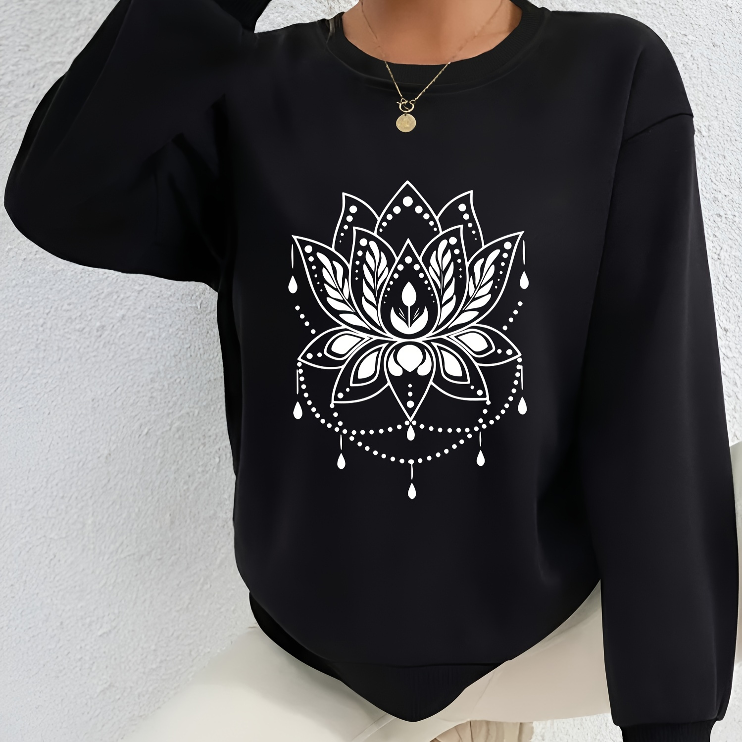 

Sweat-shirt élégant à col rond et manches longues - Pullover % polyester tricoté avec imprimé lotus - Haut décontracté pour femmes automne/hiver