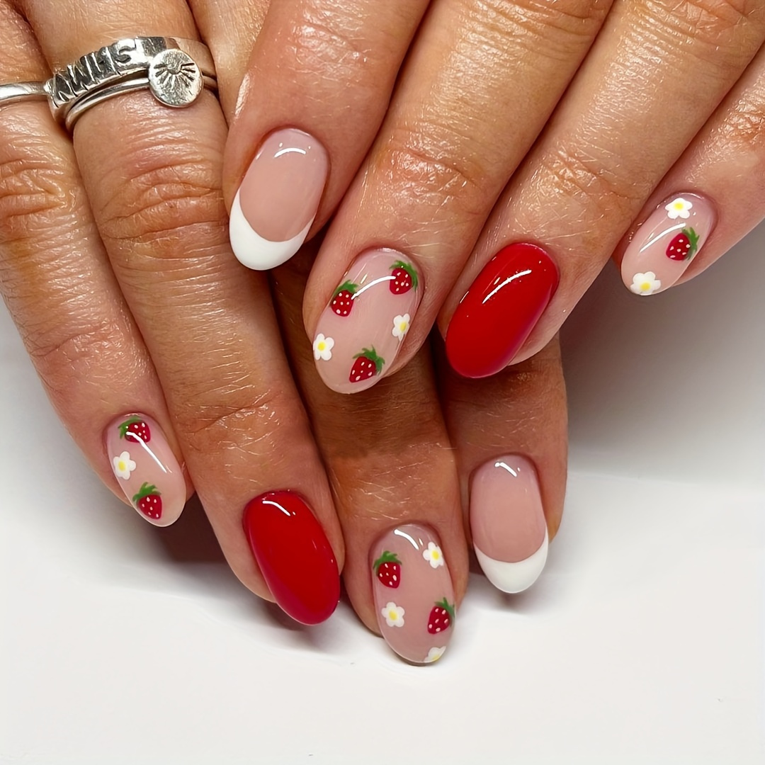 

24pcs Glossy Medium Oval Fake Nails, White French Press On Nails With Strawberry And Flower Design, Sweet And Cute False Nails For Women Girls