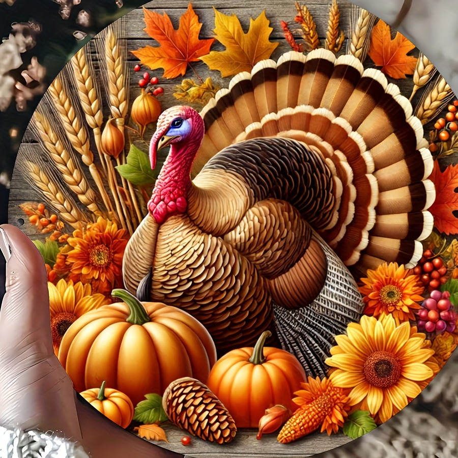 

Vintage Thanksgiving Turkey And Autumn Wreath Iron Sign - 8x8 Inch Round Plaque, Perfect For Fall Farmhouse Decor, Ideal For Porch Welcomes And Festive Parties