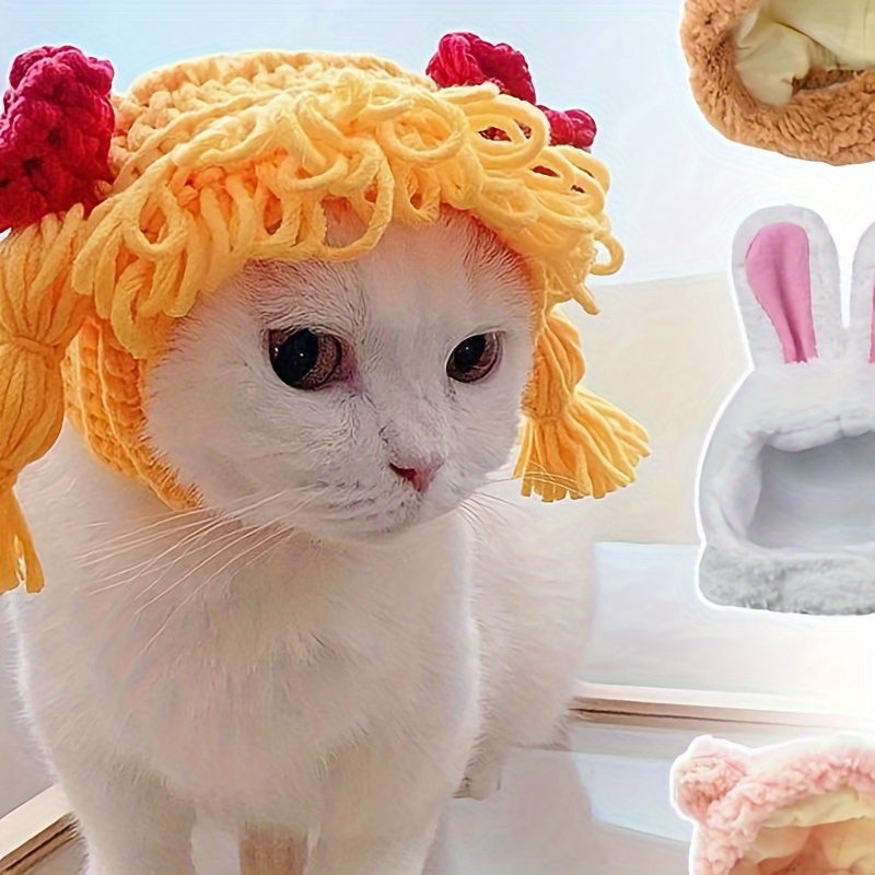 Funny Pet Cat Cap, Cute Hair Loop Headgear Cosplay, Small Dogs Kitten  Knitted Hat, Cat Costume, Warm Winter Headdress, Dog Supplies