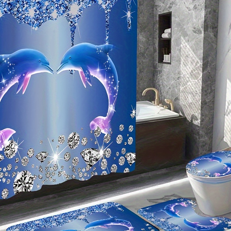 

1/4pcs Diamond & Dolphin Pattern Shower Curtain Set, Waterproof Shower Curtain With Non-slip Rug, Toilet Lid Cover, And Bath Mat, Easy Install With C-type Hooks, Bathroom Accessories