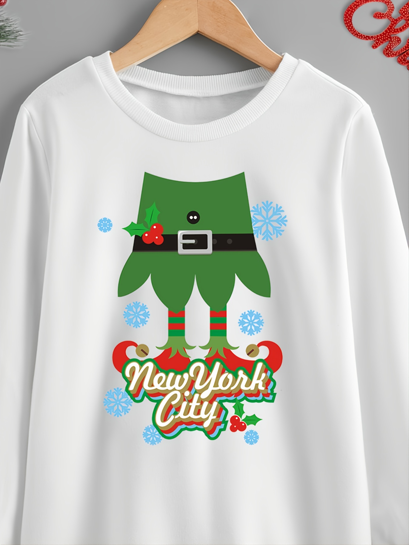 Children's Girls Christmas Outfit Pullover Print Long Sleeve Round Neck