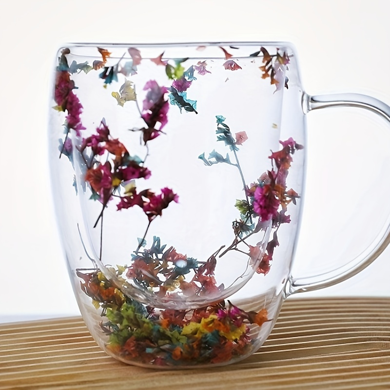 

1pc 350ml Creative Glass Coffee Mug With Handle Featuring Floating Dry Flowers - High-temperature Resistant Clear Glass