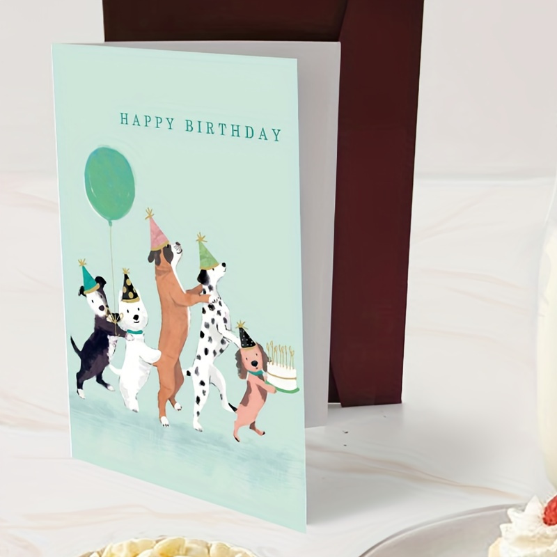 

1pc Greeting Card, There Are 5 Dogs Wearing Birthday Hats And Balloons, And Next To It Is A Cake With The Words "happy Birthday" Written On The Card Surface Eid Al-adha Mubarak