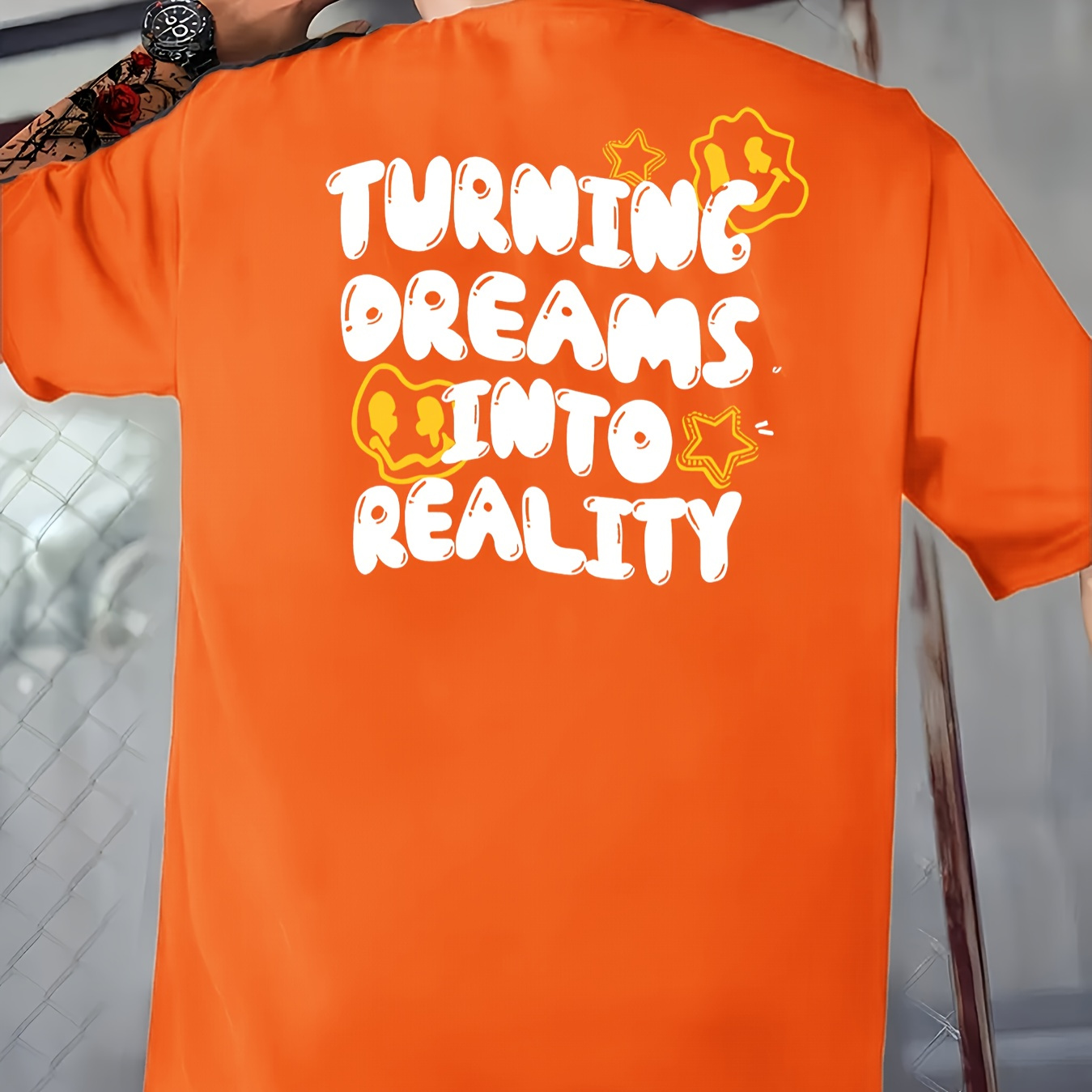

' Dreams Into Reality 'creative Print Men's Short Sleeve T-shirt, Casual Round Neck Top, Versatile And Comfortable Tee, Spring& Summer Collection