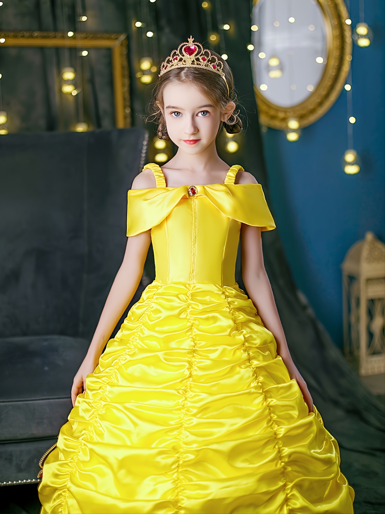 Girl's Princess Dress Party Costume With Accessories, Dress Crown Necklace  Ring Jewelry Set