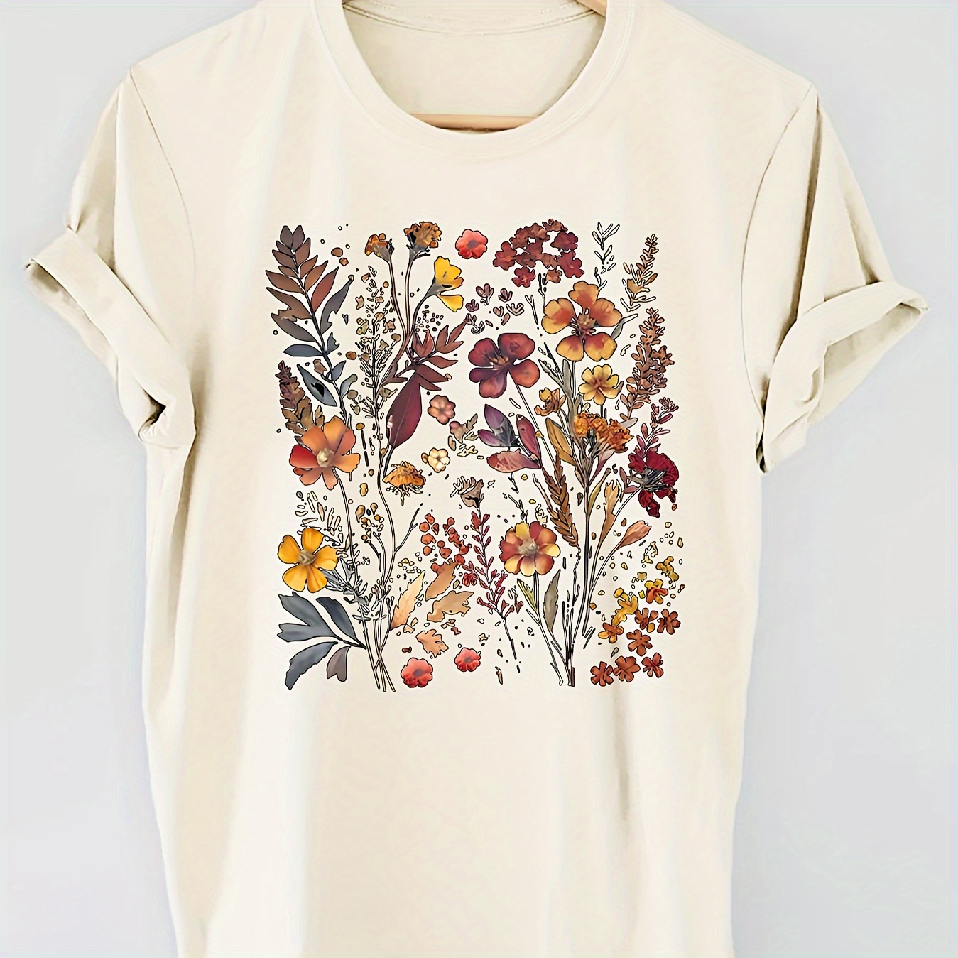 

Flowers Print Crew Neck T-shirt, Short Sleeve Casual Top For Summer & Spring, Women's Clothing