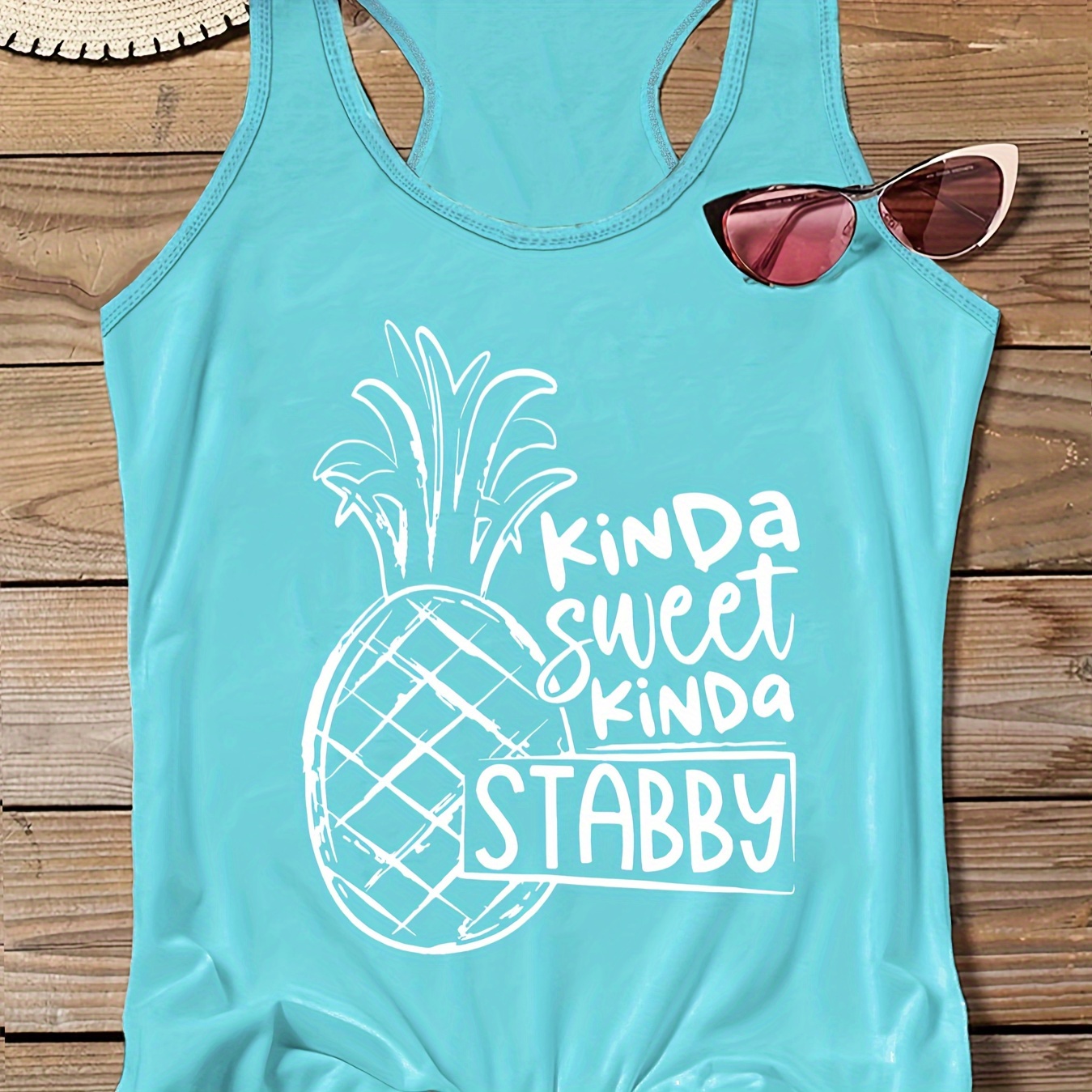 

Plus Size Pineapple Print Tank Top, Casual Crew Neck Sleeveless Tank Top For Summer, Women's Plus Size clothing