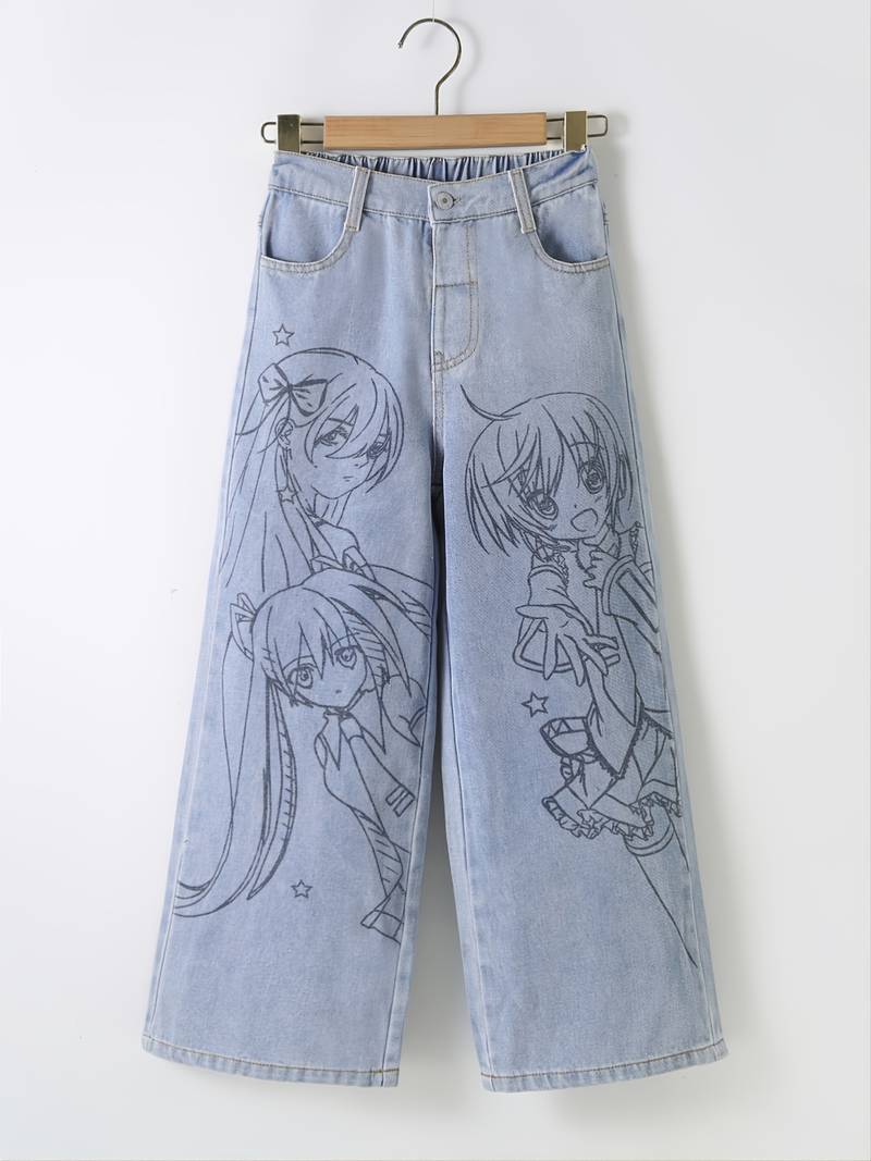 Girls Anime Print Preppy Straight Leg Jeans - Kid's Fashion - Temu ...