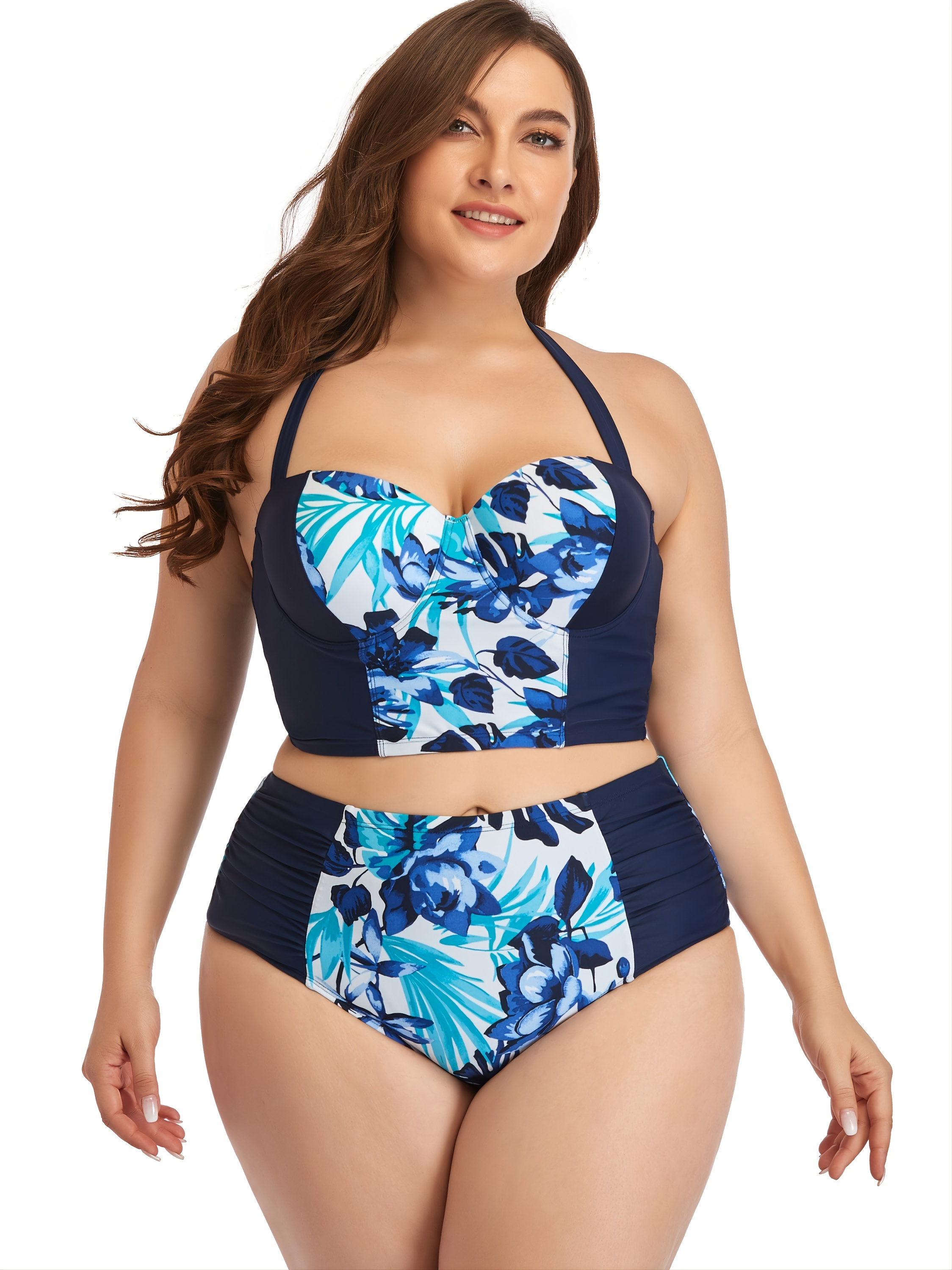Plus Size Casual Swimsuit Set Women's Plus Solid Ruffle Trim - Temu