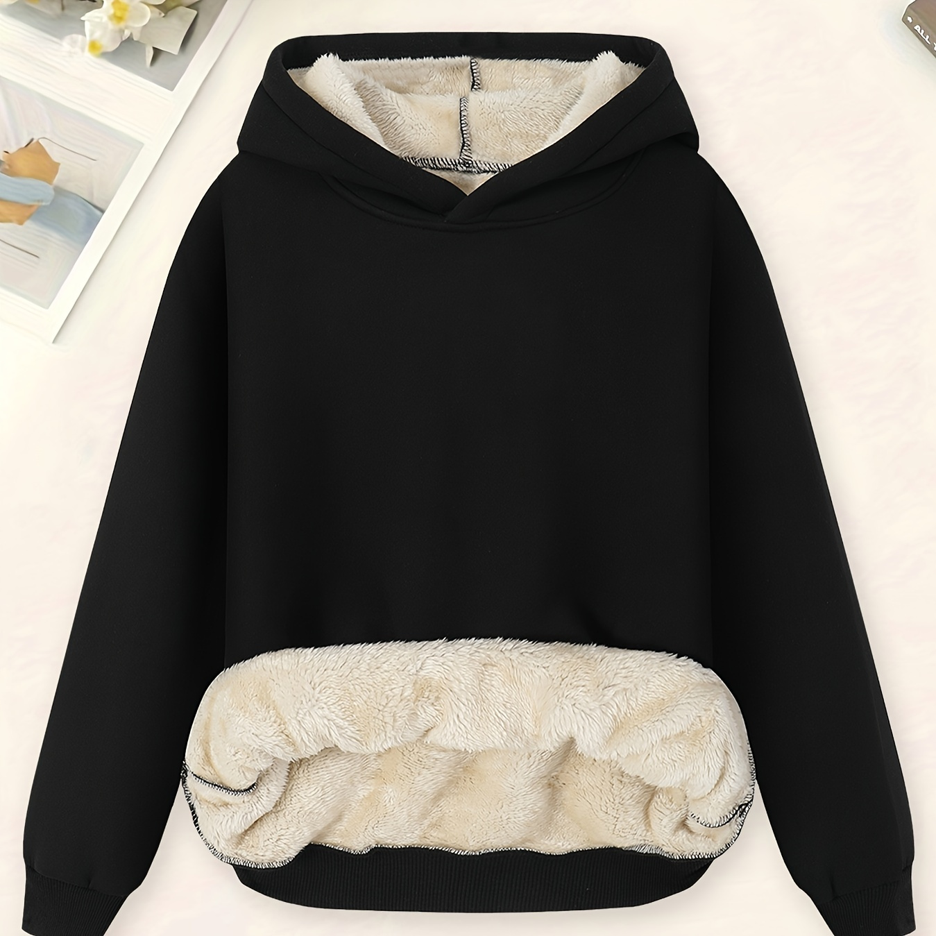 

Cozy Plus Size Fleece-lined Hoodie For Women - Solid Color, Casual Pullover With Kangaroo Pocket, Machine Washable