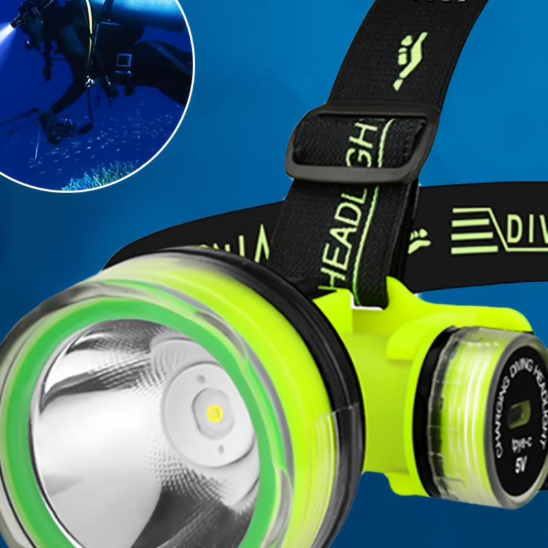 1pc Linterna de Buceo Brillante, IP68, Linterna LED Subacuática Manos Libres, Encendido con Un Botón, Ángulo Ajustable, Recargable por USB, Ideal para Iluminación de Emergencia en Buceo, Pesca y Senderismo